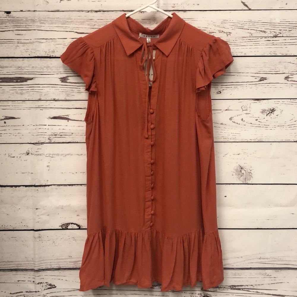 RETHM ginger rust button down ruffle‎ sleeve blouse
